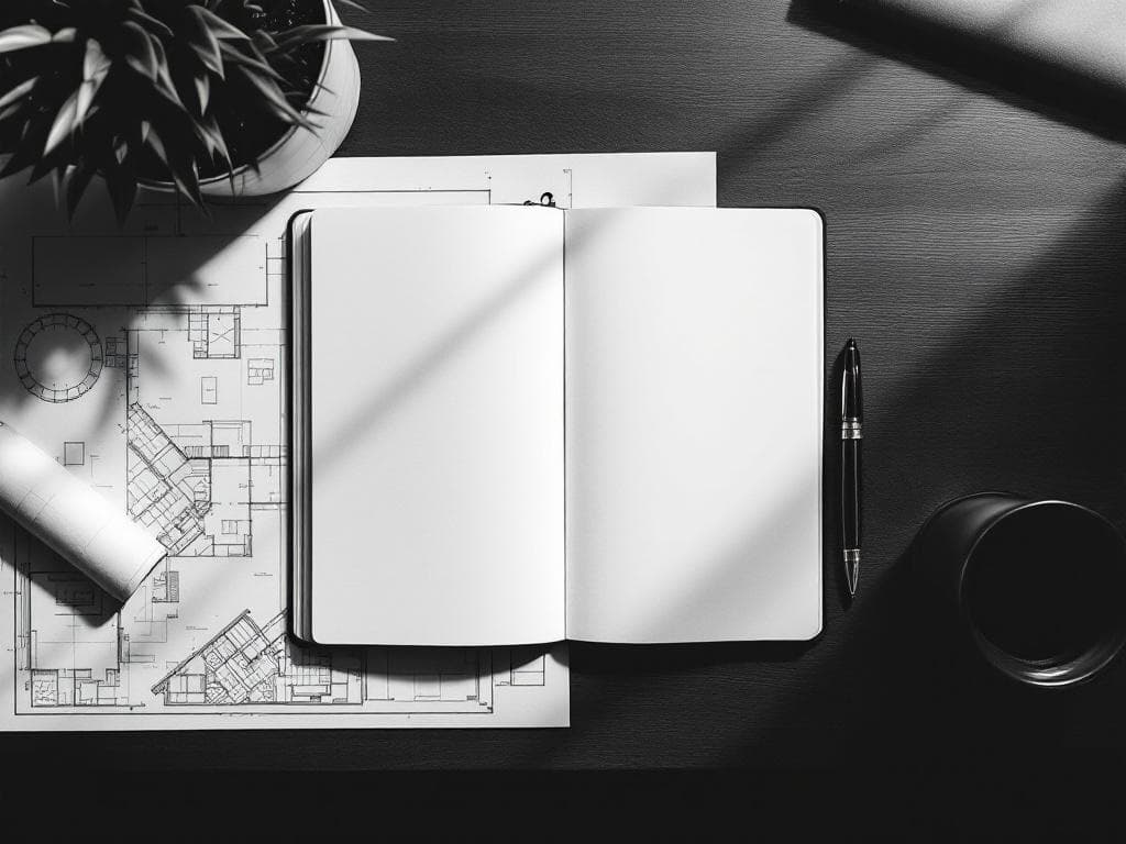 Estrategia IA — desk with blueprint